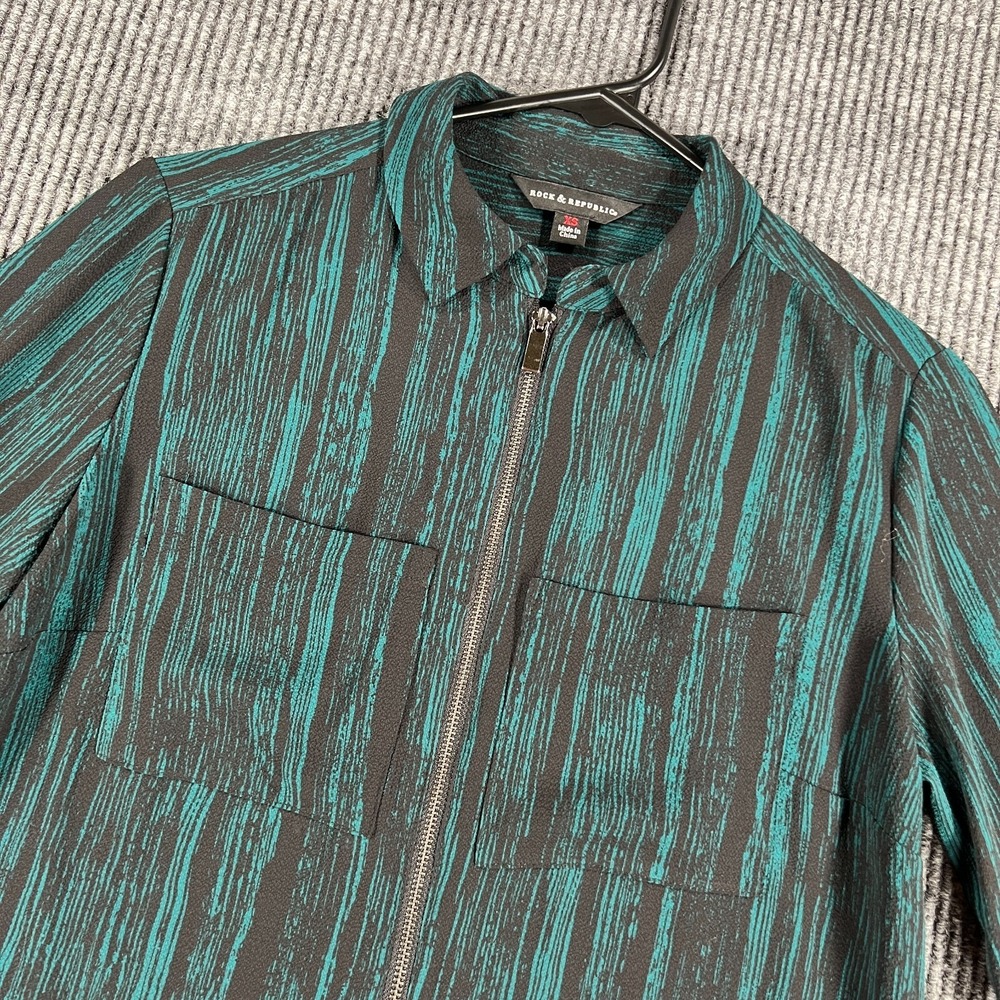Rock Republic Shirt Womens XS Extra Small Green Black‎ Striped Full Zip Collared